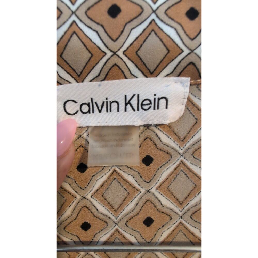 Calvin Klein Womens XS Brown Black Grid Print Blouse Button Front Top EUC - Picture 2 of 4